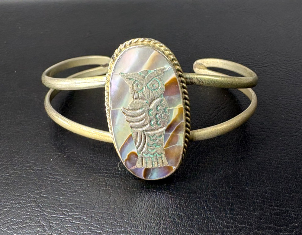 Vintage Alpaca Mexico Abalone Shell Owl Bracelet Inlay Mixed Metal Boho